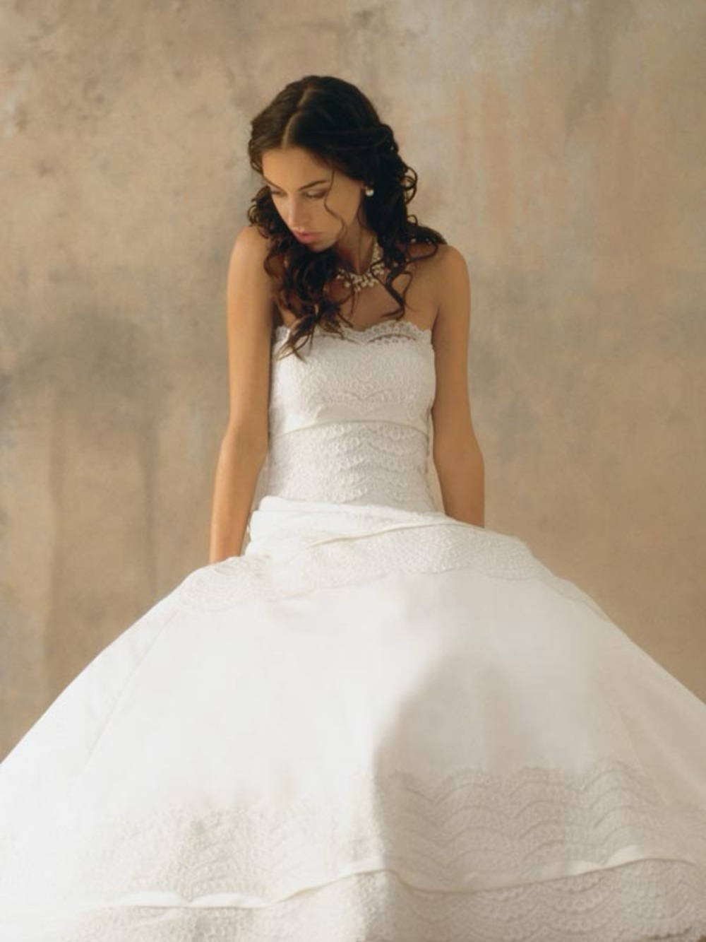 Carmela Sutera Strapless White Lace Ball Gown